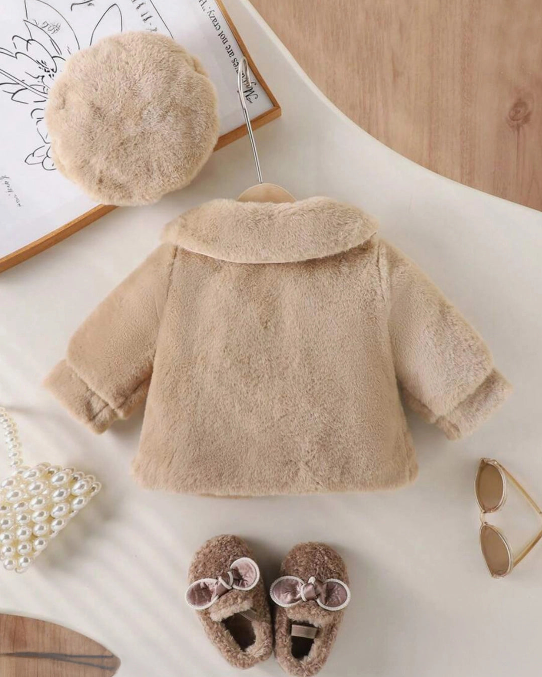 Baby Girls’ Faux Fur Jacket & Beret Set – Khaki