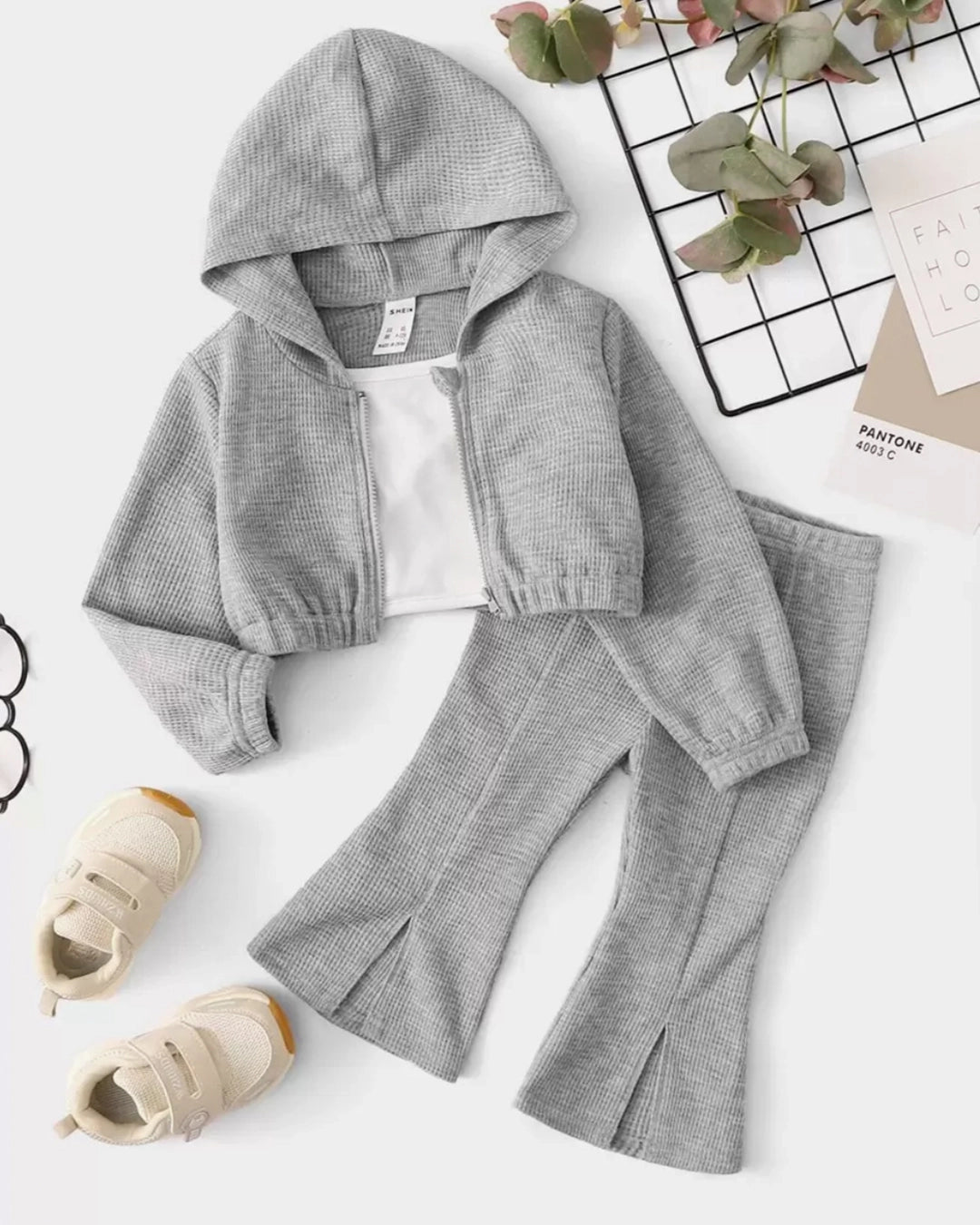 Baby Girl Waffle Knit Hooded Jacket & Flare Pants Set 2pcs