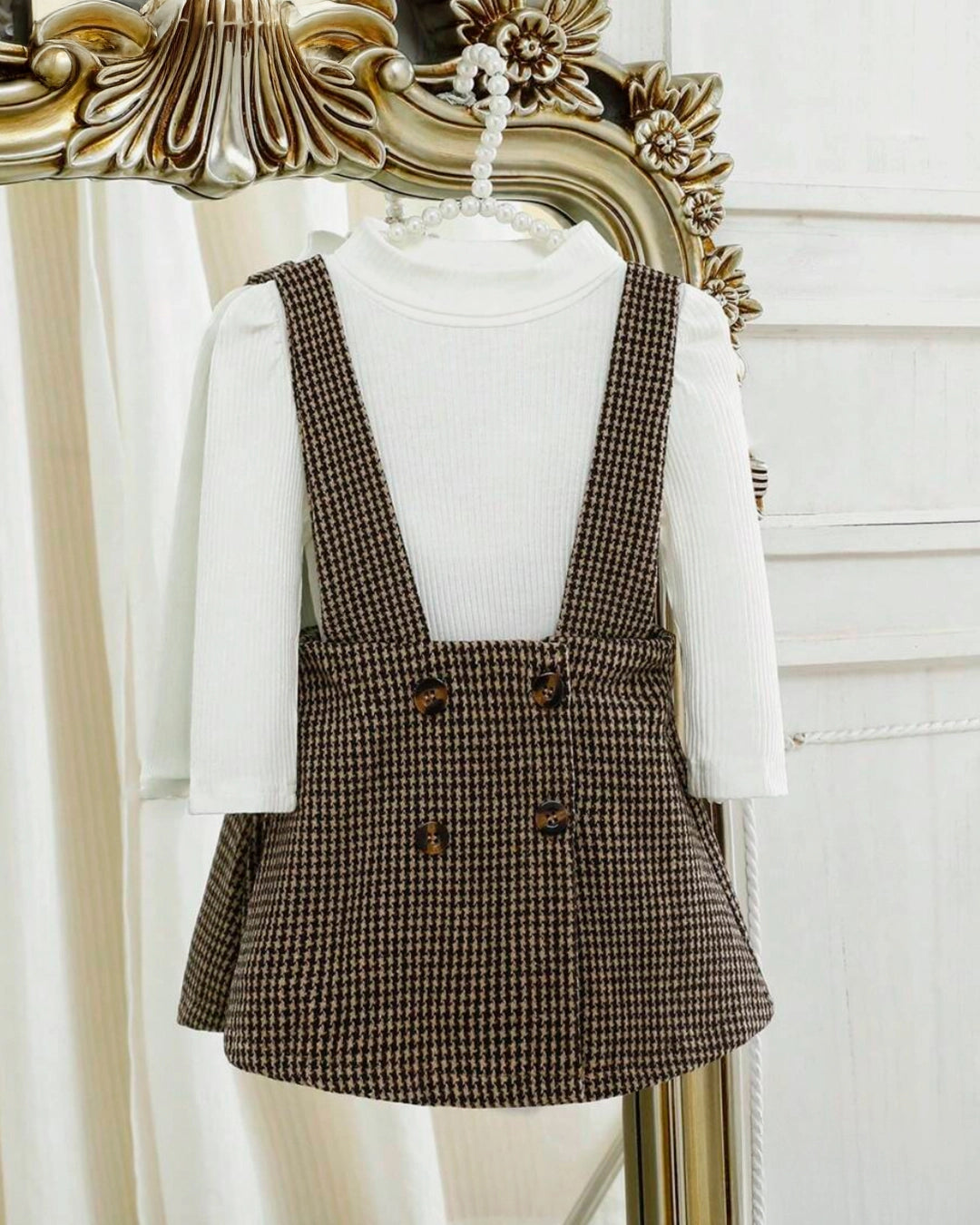 Souflis Baby Girl Puff Sleeve Bodysuit & Houndstooth Suspender Skirt Set