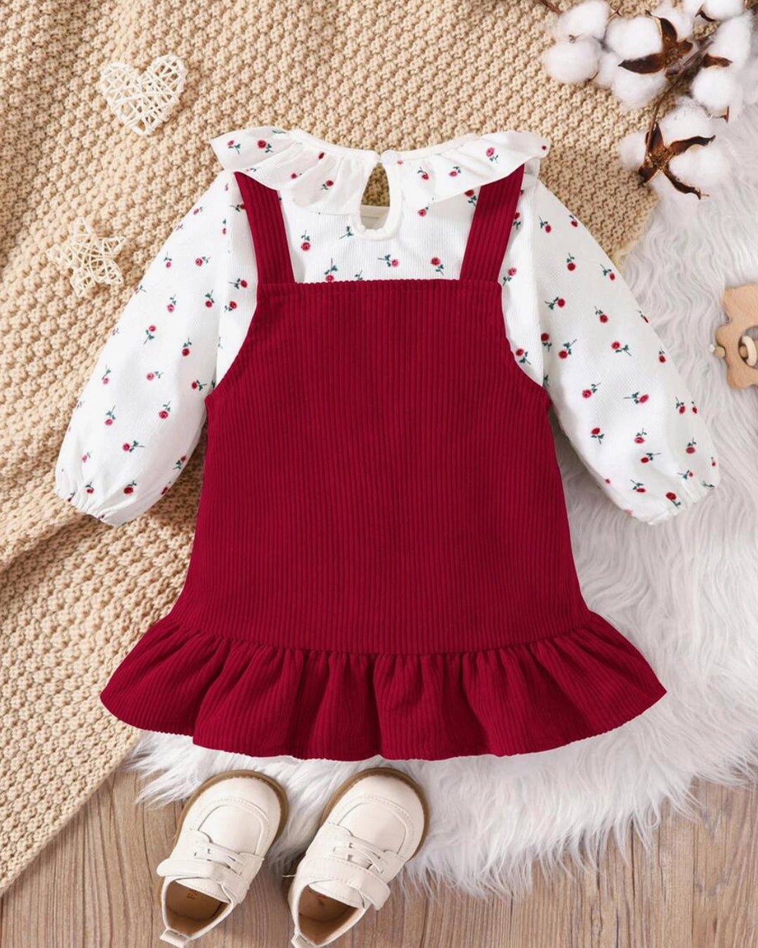Baby Girl Floral Ruffle Top & Corduroy Overall Dress