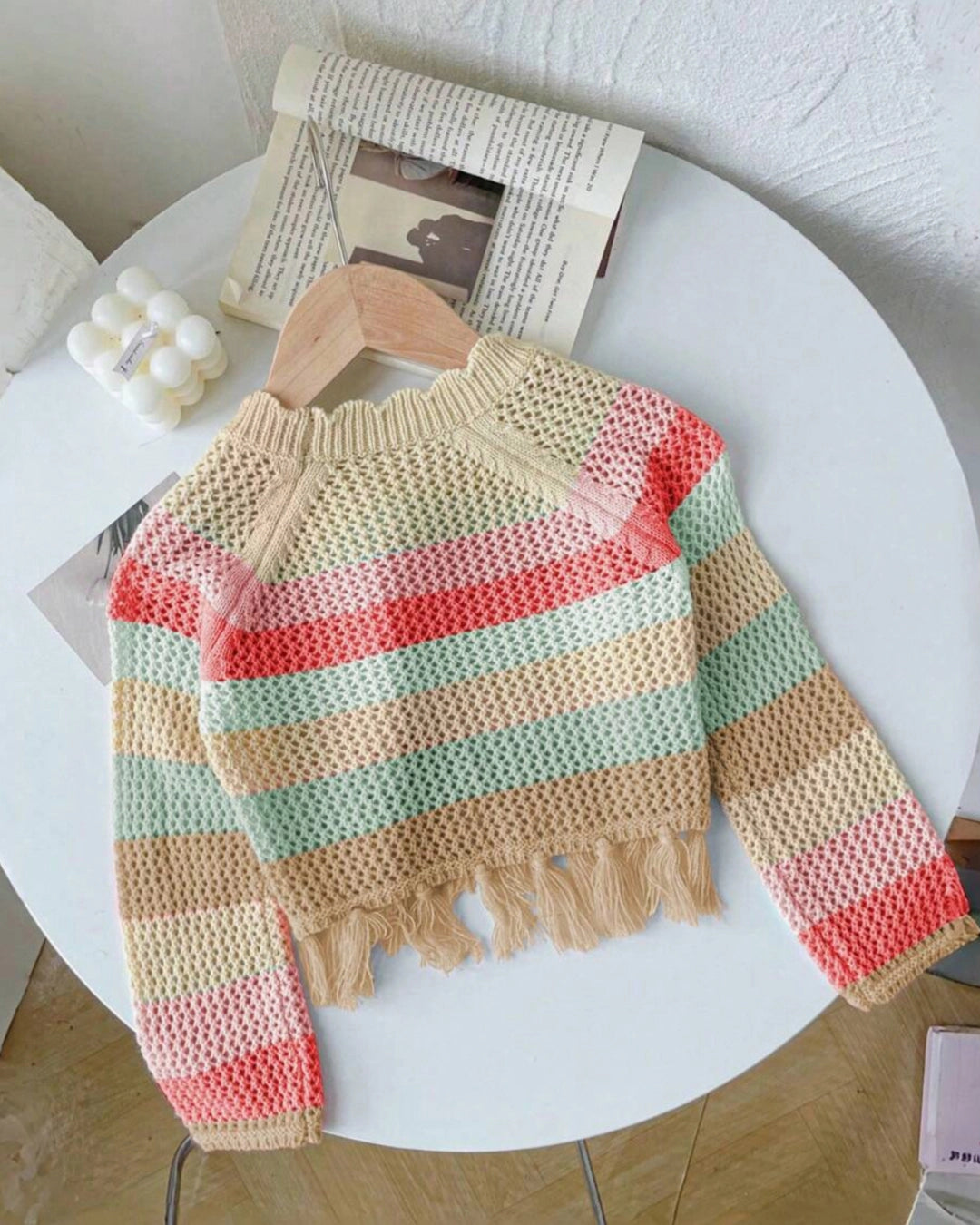 Young Girls' Rainbow Patchwork Fringe Knit Sweater