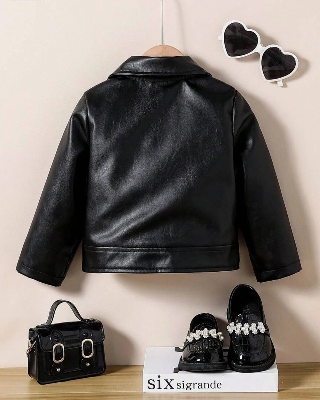 Girls PU Leather Jacket – Zipper Collar & Long Sleeves