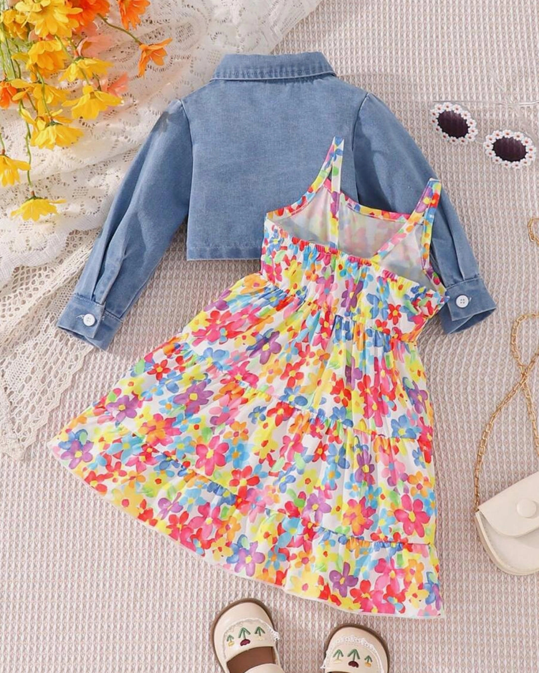 Baby Girl Floral Dress with Button-Front Jacket – 2pcs Outfit