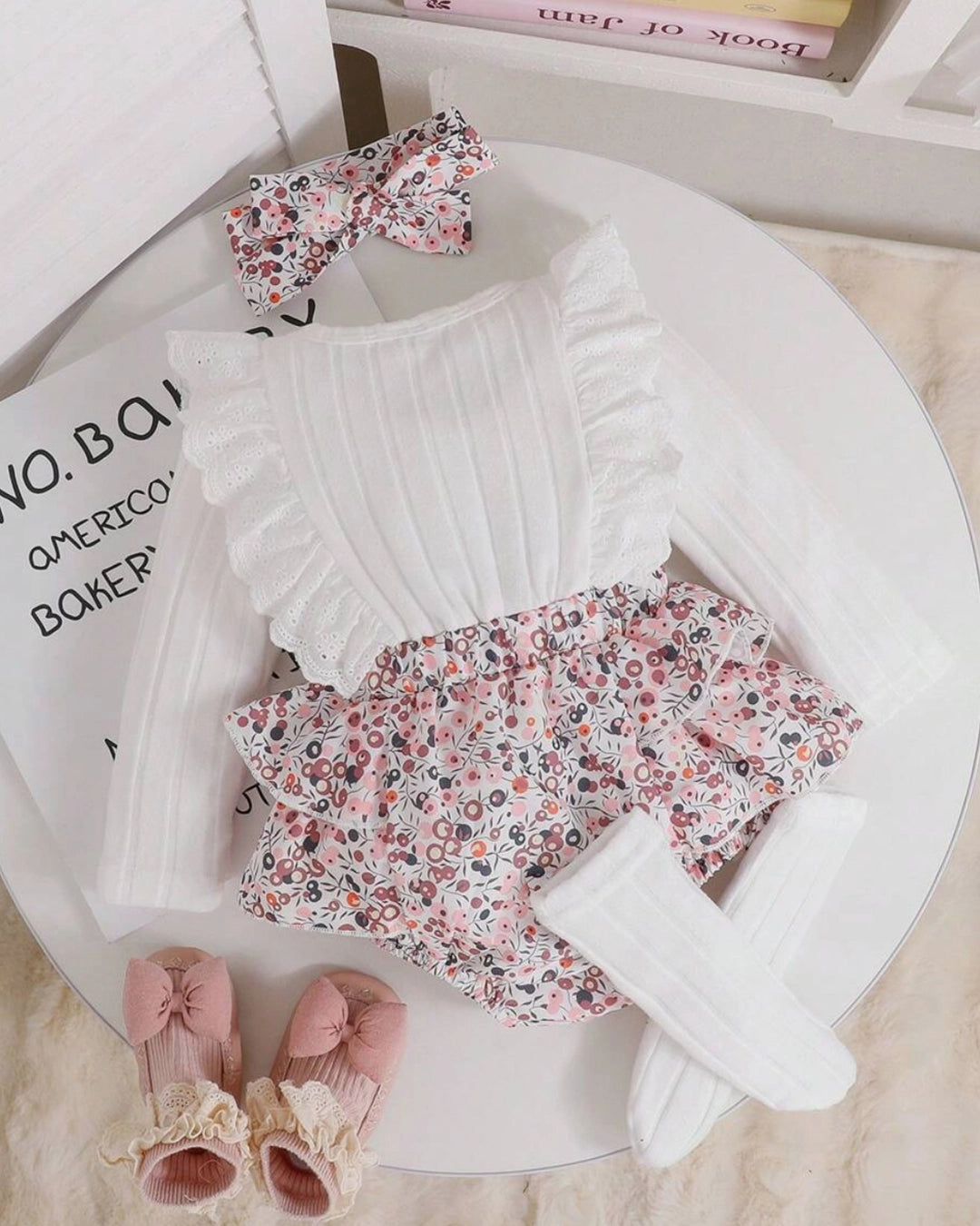 3pcs Baby Girl Romper Set with Headband & Socks