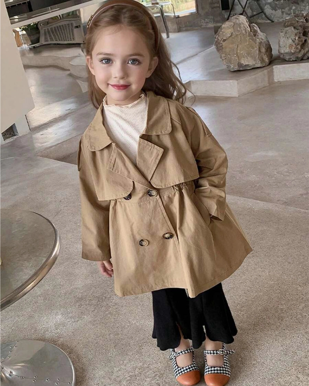 Girls Double-Breasted Trench Coat – Mid-Length Autumn Outerwear