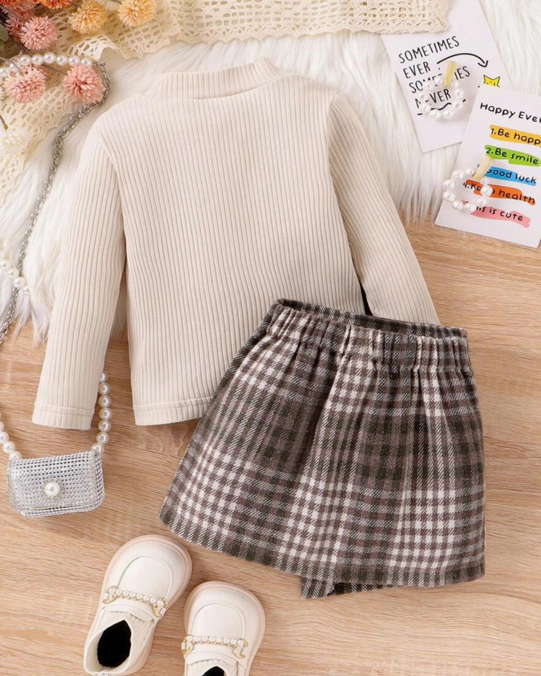 Baby Girl Mock Neck Tee & Plaid Asymmetrical Skirt Set