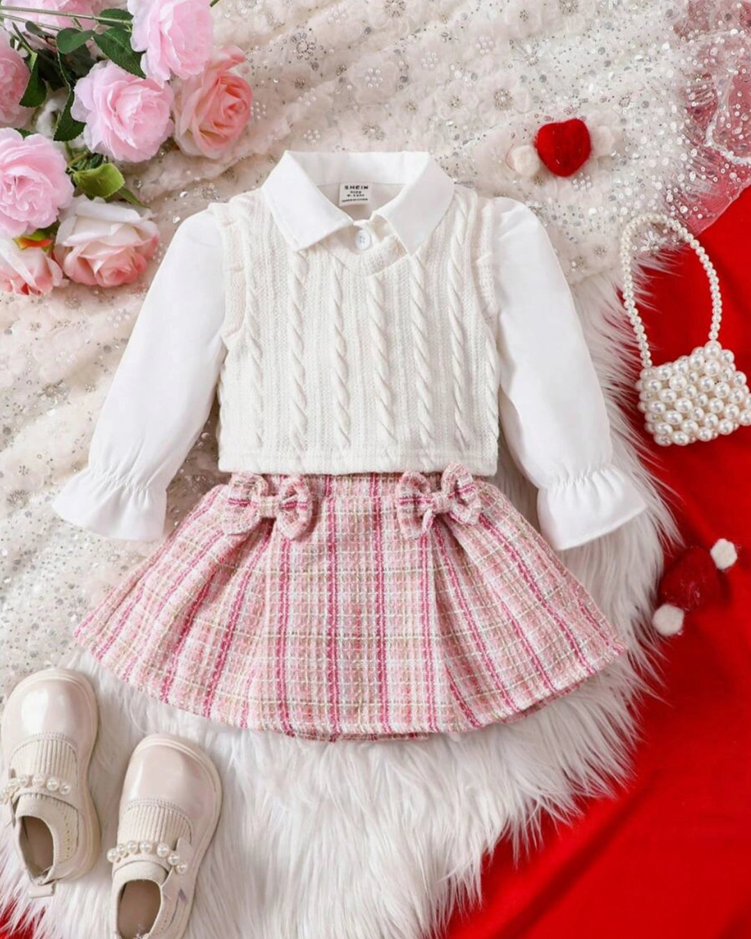 Baby Girls’ Solid Shirt, Plaid Skirt & Vest 3pcs Set
