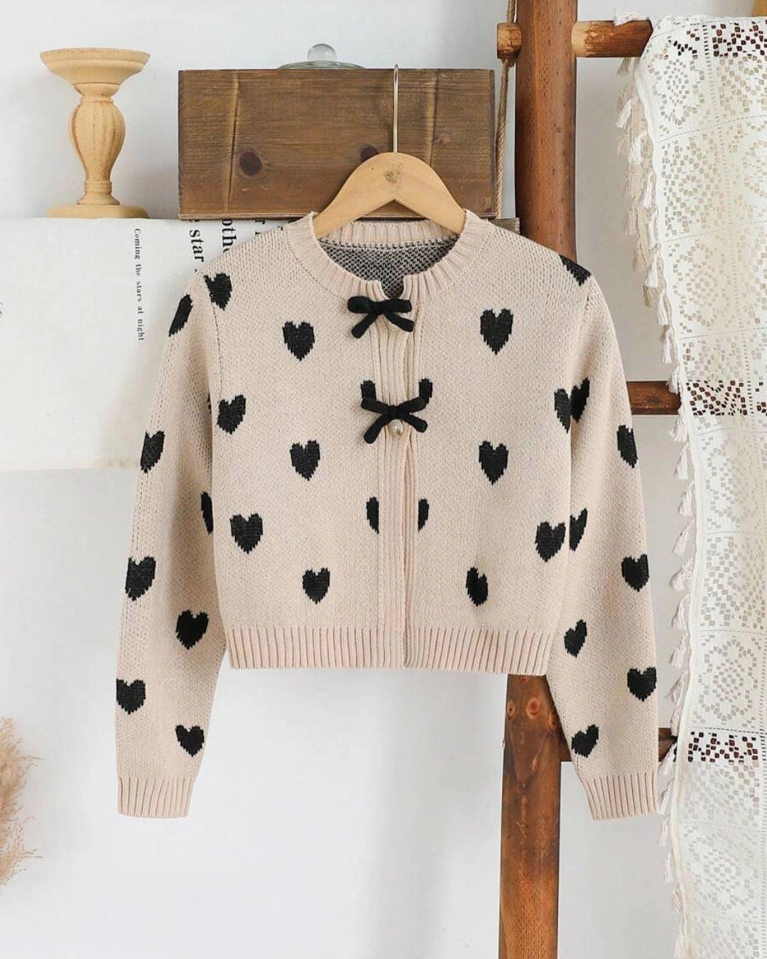 Tween Girls' Heart Pattern Knit Cardigan with Bow Detail