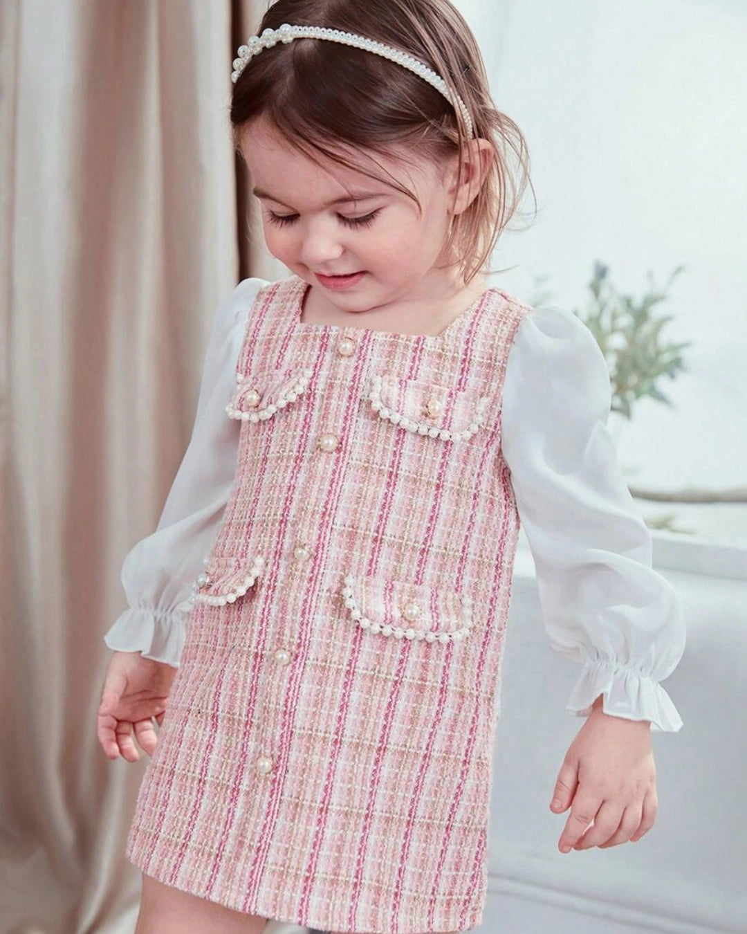 Baby Girl Plaid Splicing Square Collar Long Sleeve Dress