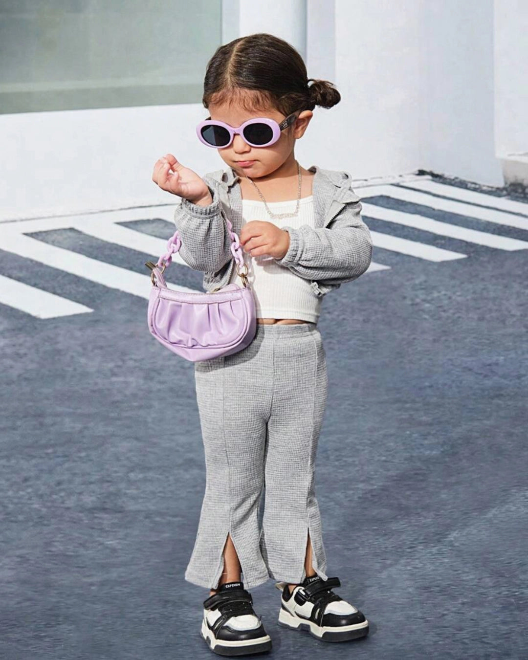 Baby Girl Waffle Knit Hooded Jacket & Flare Pants Set 2pcs