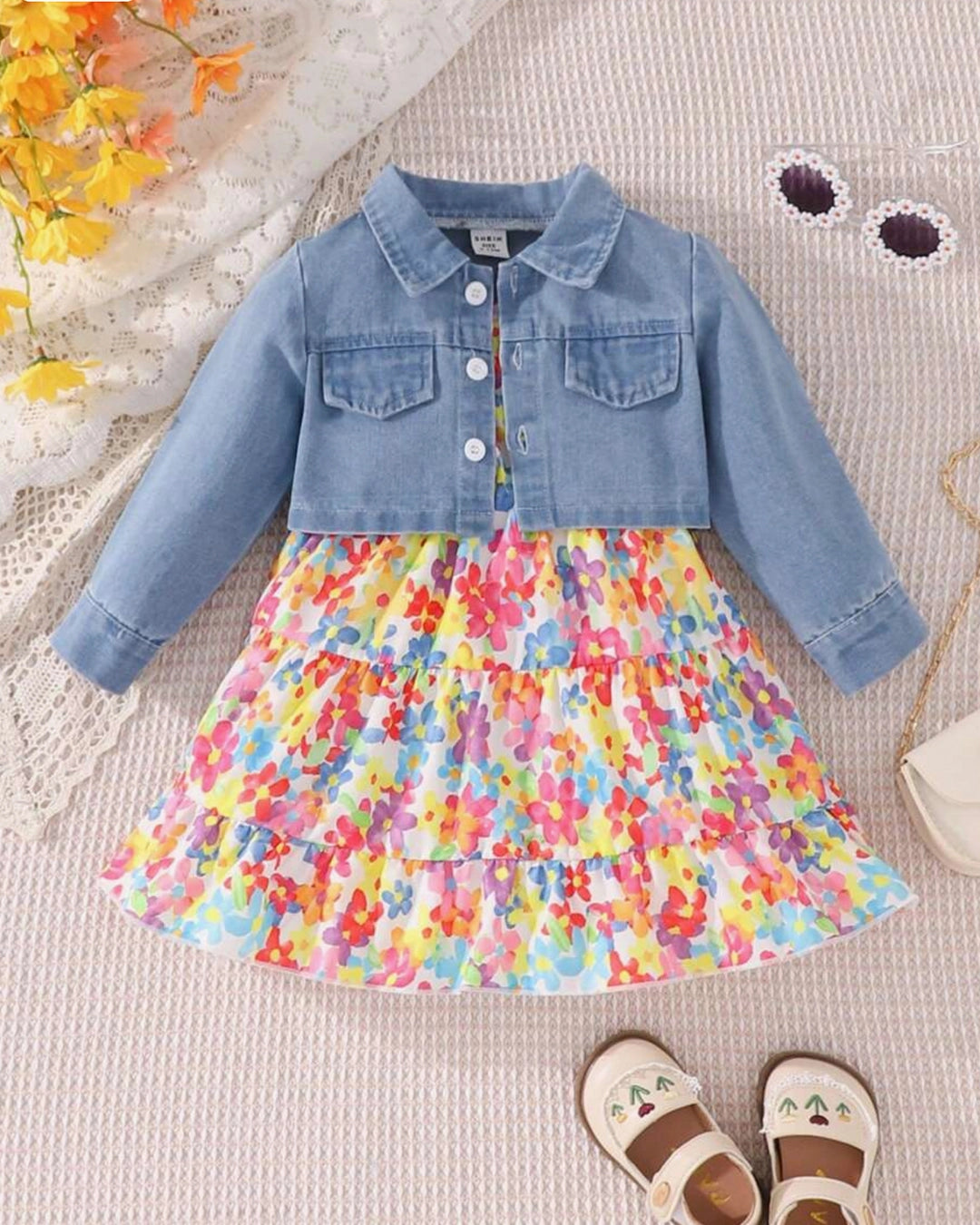 Baby Girl Floral Dress with Button-Front Jacket – 2pcs Outfit