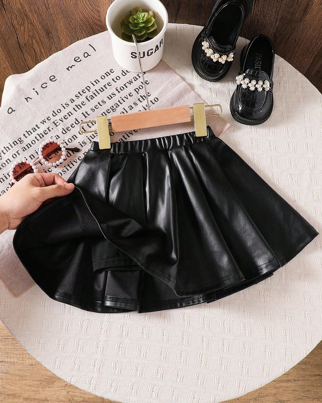 Girls Black PU Pleated Mini Skirt
