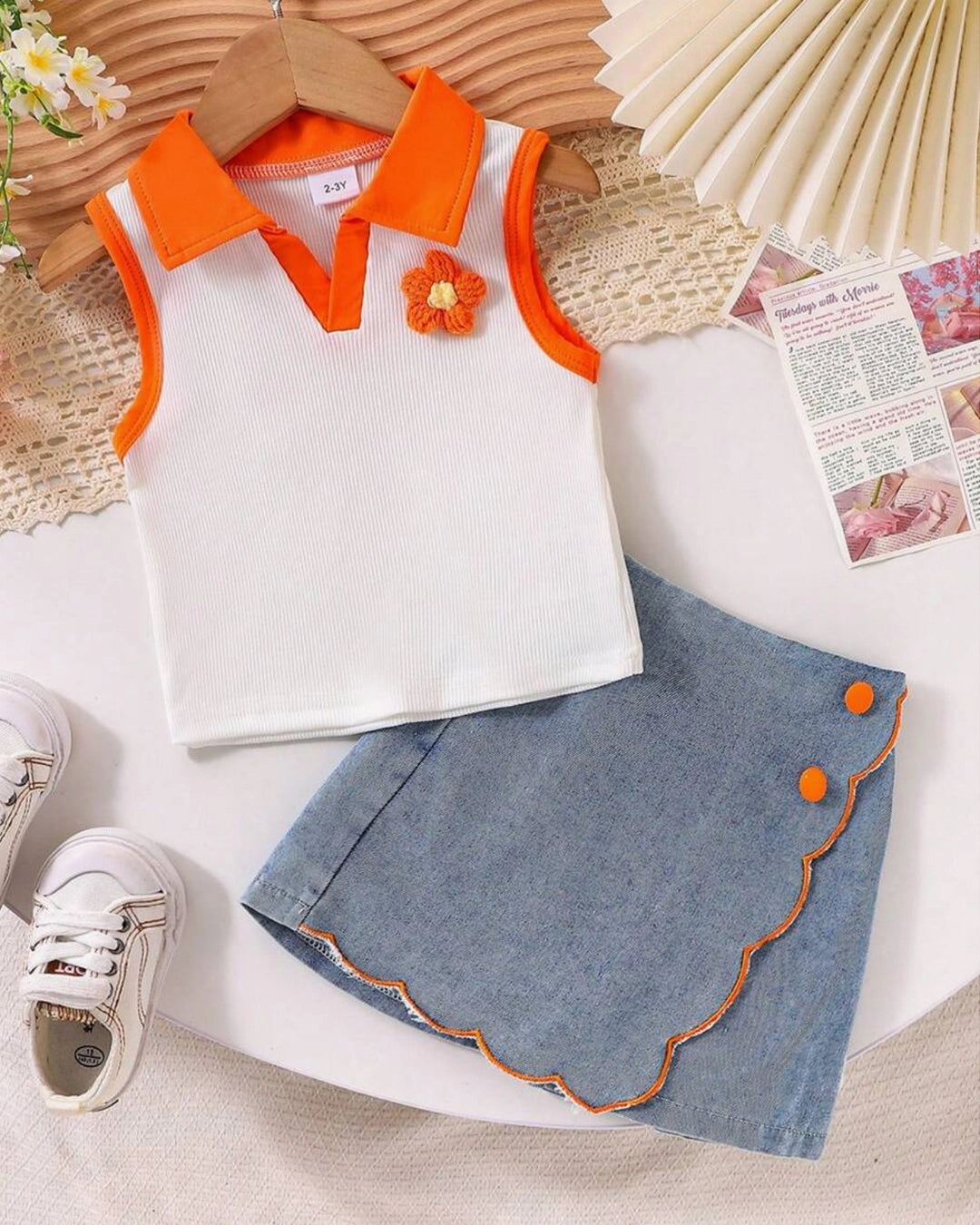 Girls' 3D Floral Polo Top & Denim Ruffle Skort Set