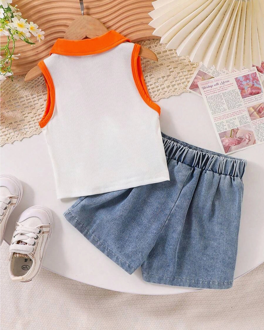 Girls' 3D Floral Polo Top & Denim Ruffle Skort Set