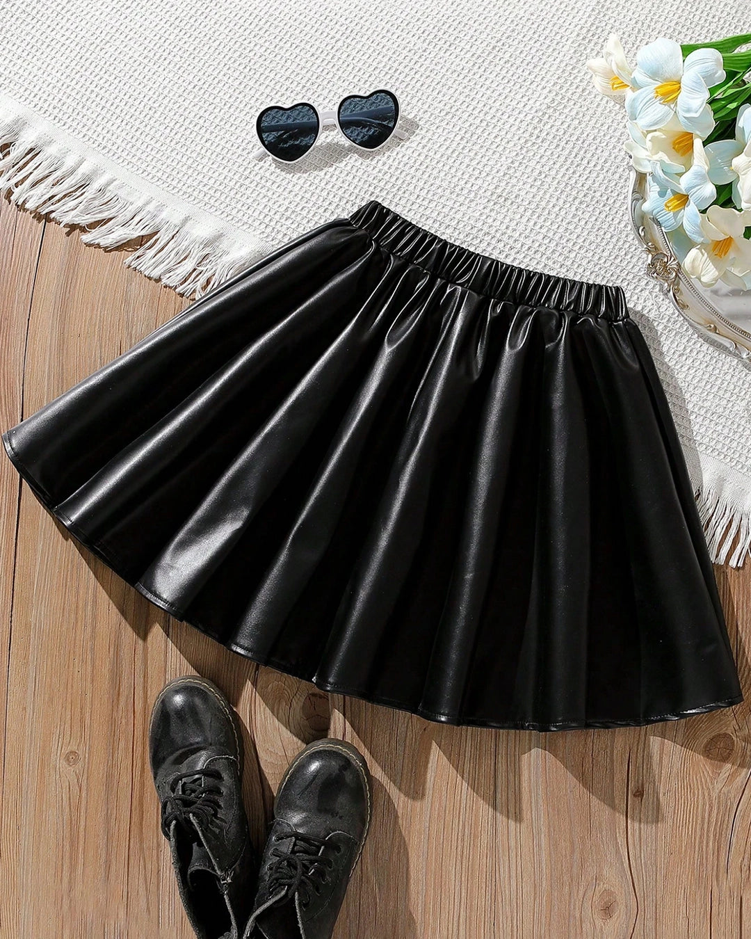 Girls PU Leather Pleated Skirt – High Waist