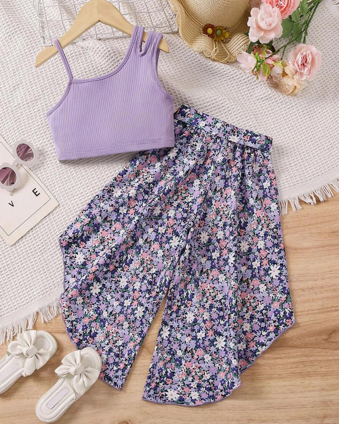 Girls' Solid Top & Printed Wide-Leg Pants Set