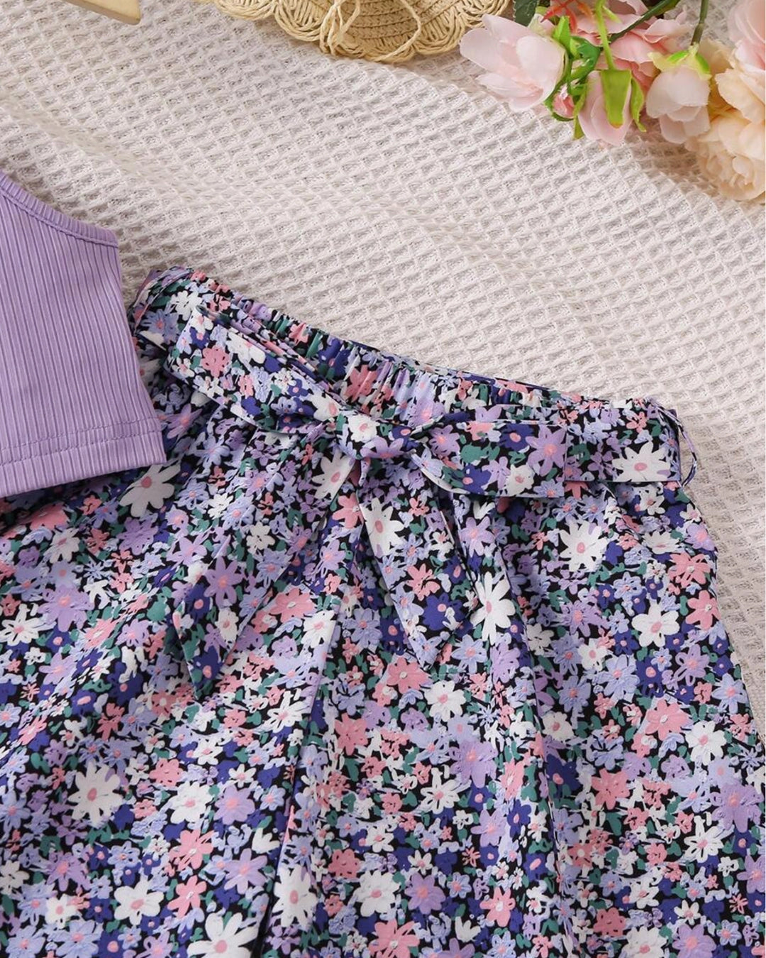 Girls' Solid Top & Printed Wide-Leg Pants Set