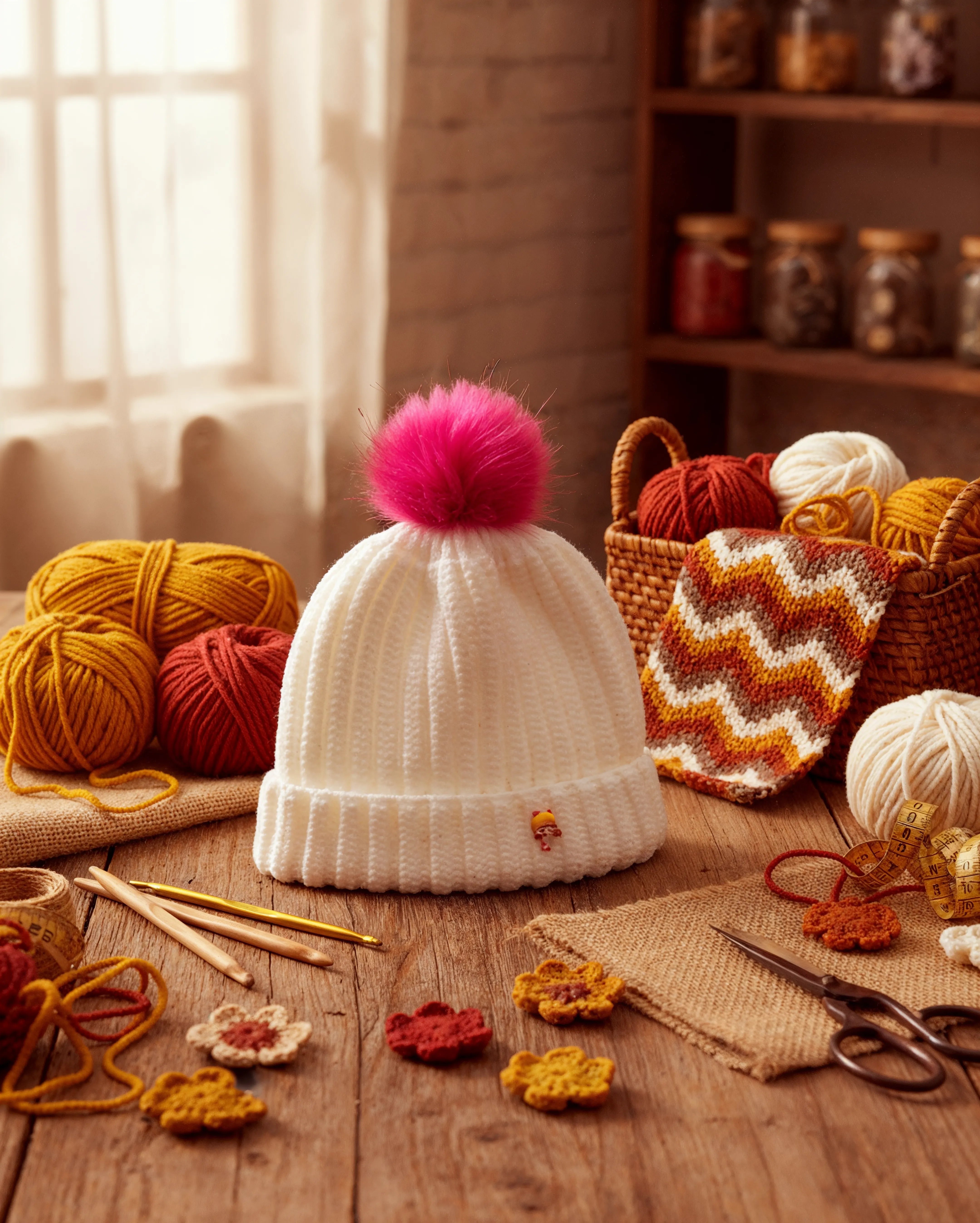 Baby Girl Knit Beanie with Pink Pom