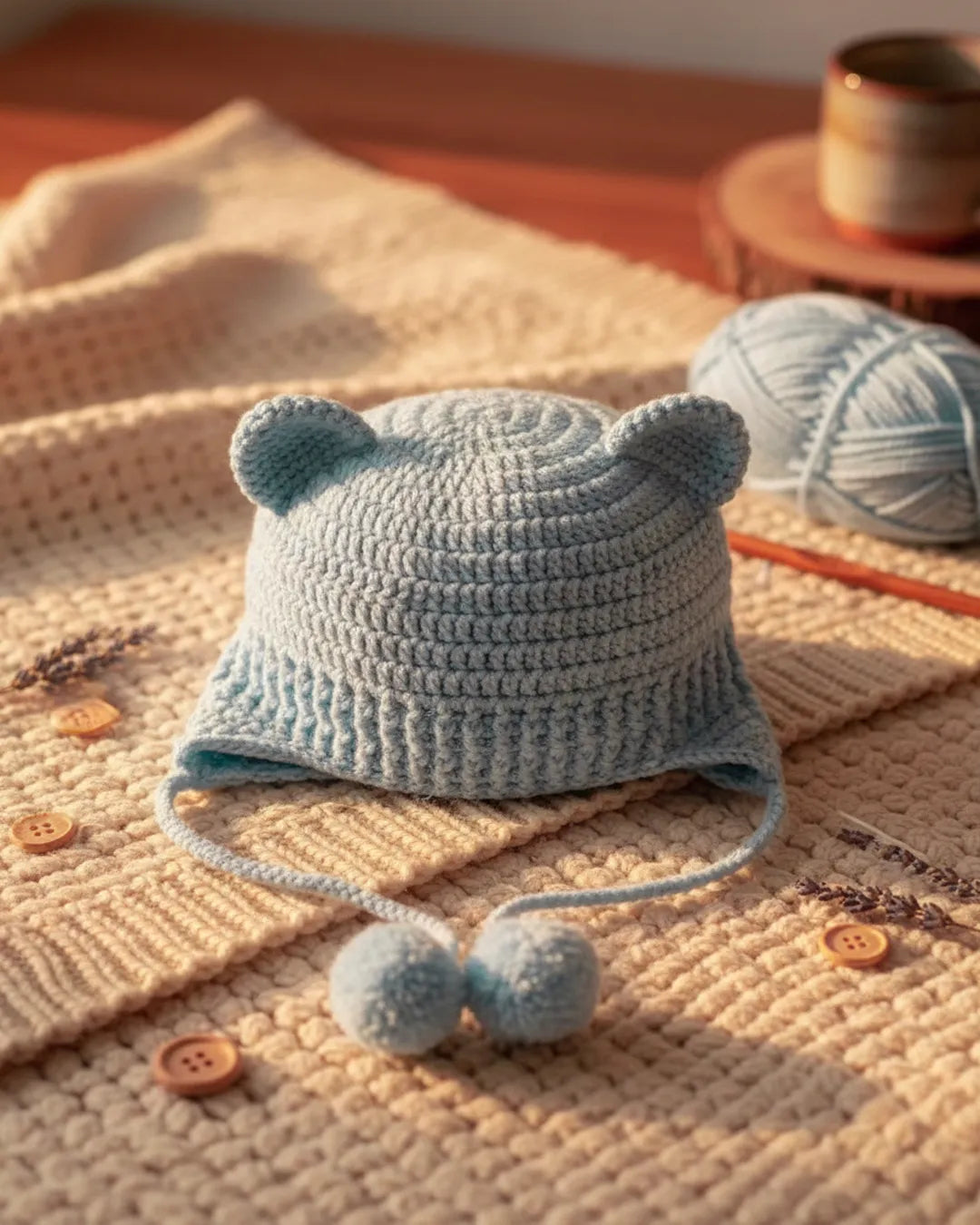 Baby Bear Ear Crochet Hat – Soft Blue