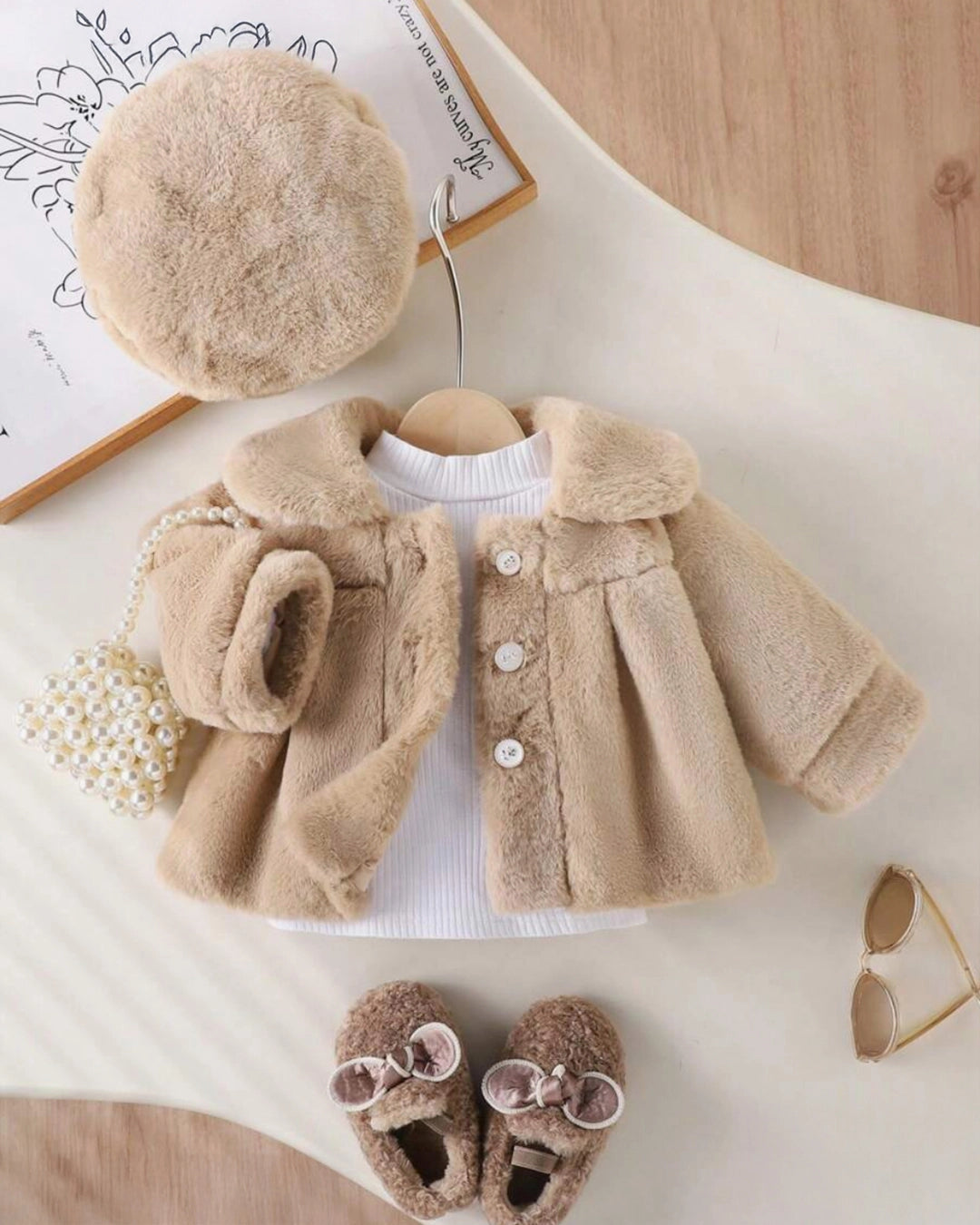 Baby Girls’ Faux Fur Jacket & Beret Set – Khaki