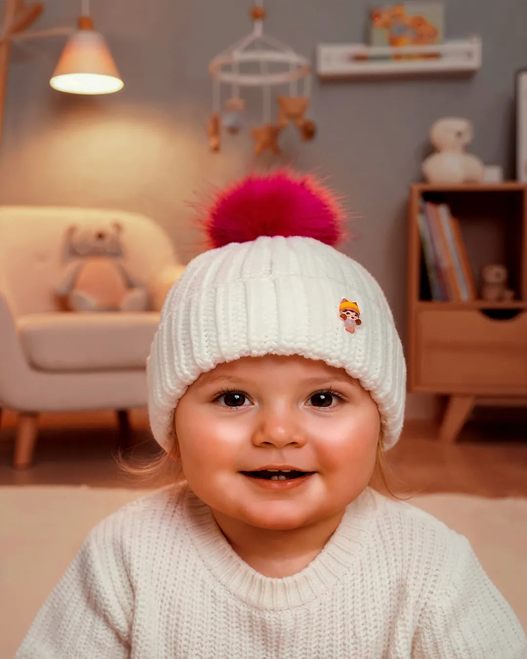 Baby Girl Knit Beanie with Pink Pom