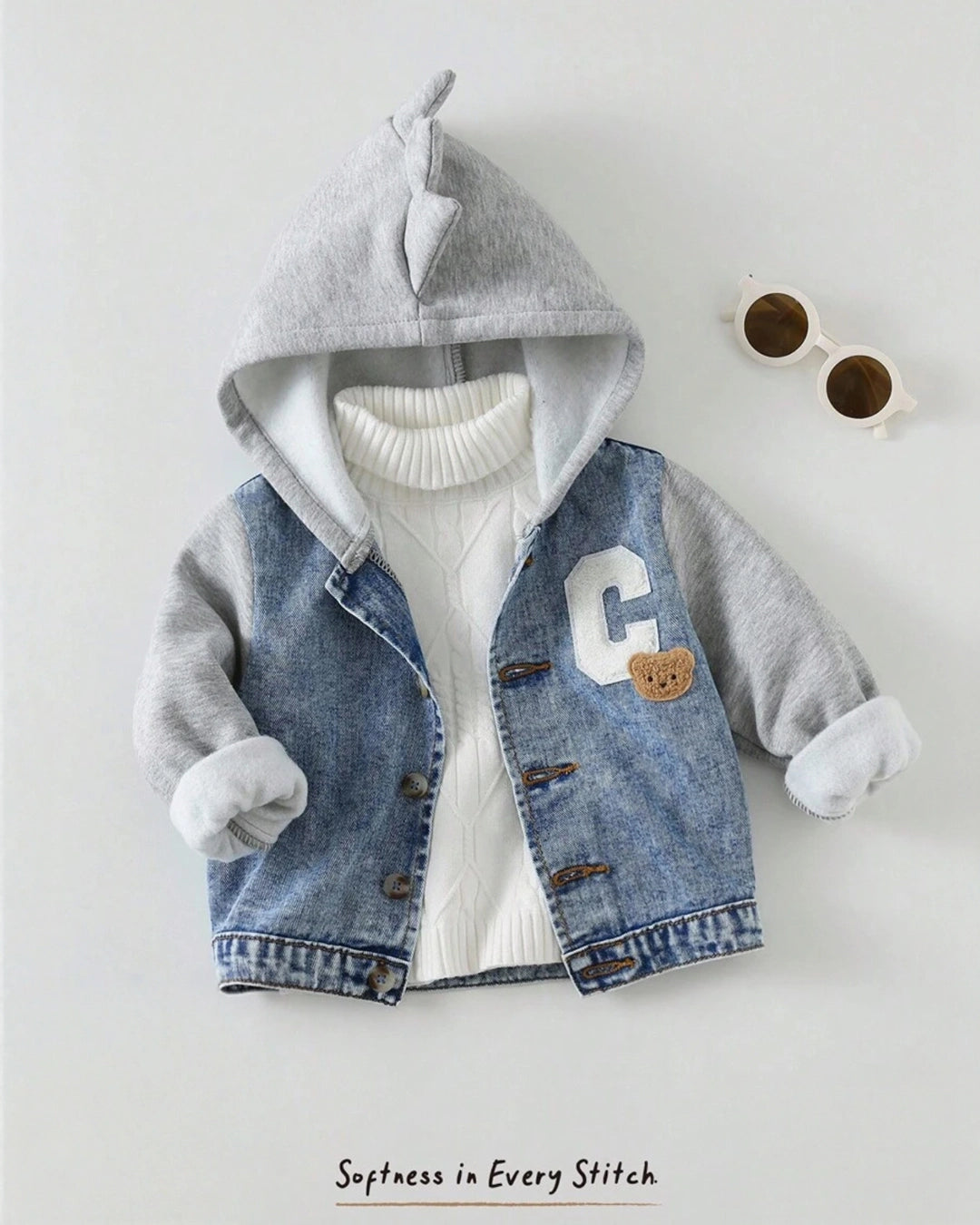 Denim Hoodie Jacket – Bear Patch