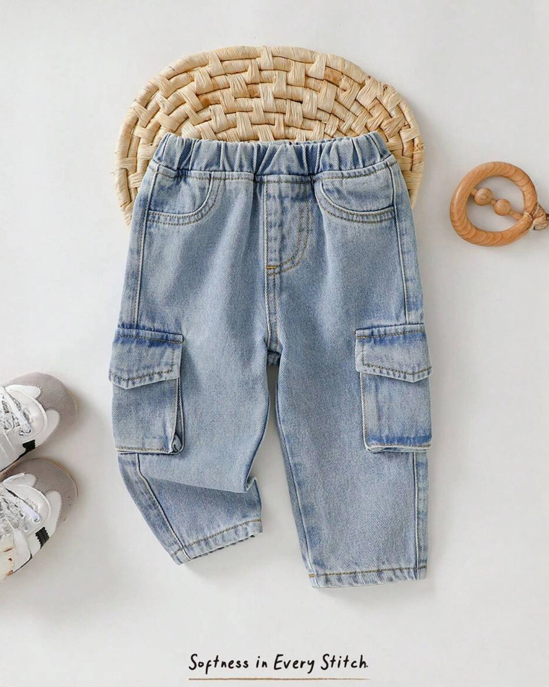 Baby Boy Cargo Denim Pants – Light Blue