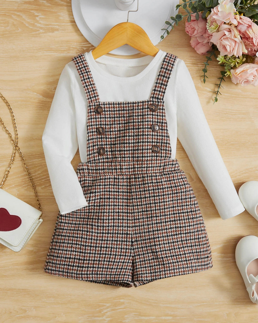 Young Girl Mock Neck Tee & Plaid Overall Dress Set