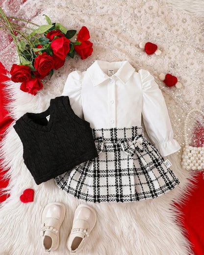 Baby Girl Puff Sleeve Top & Gingham Skirt with Vest Set