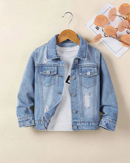 Young Boy Bleach Wash Ripped Denim Jacket