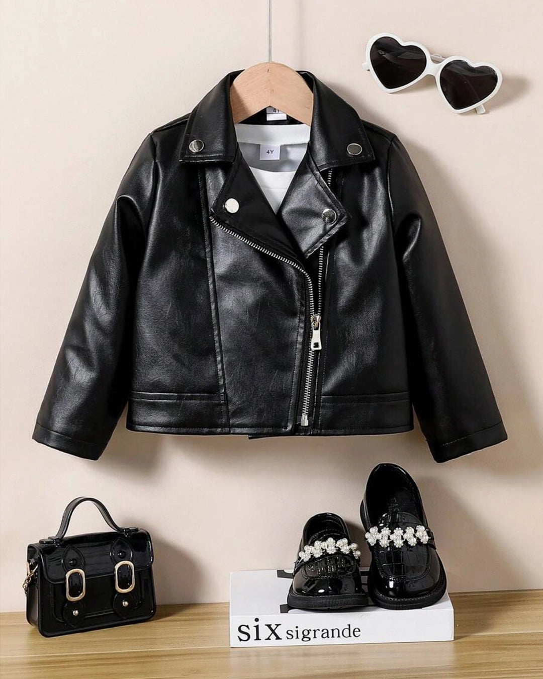 Girls PU Leather Jacket – Zipper Collar & Long Sleeves