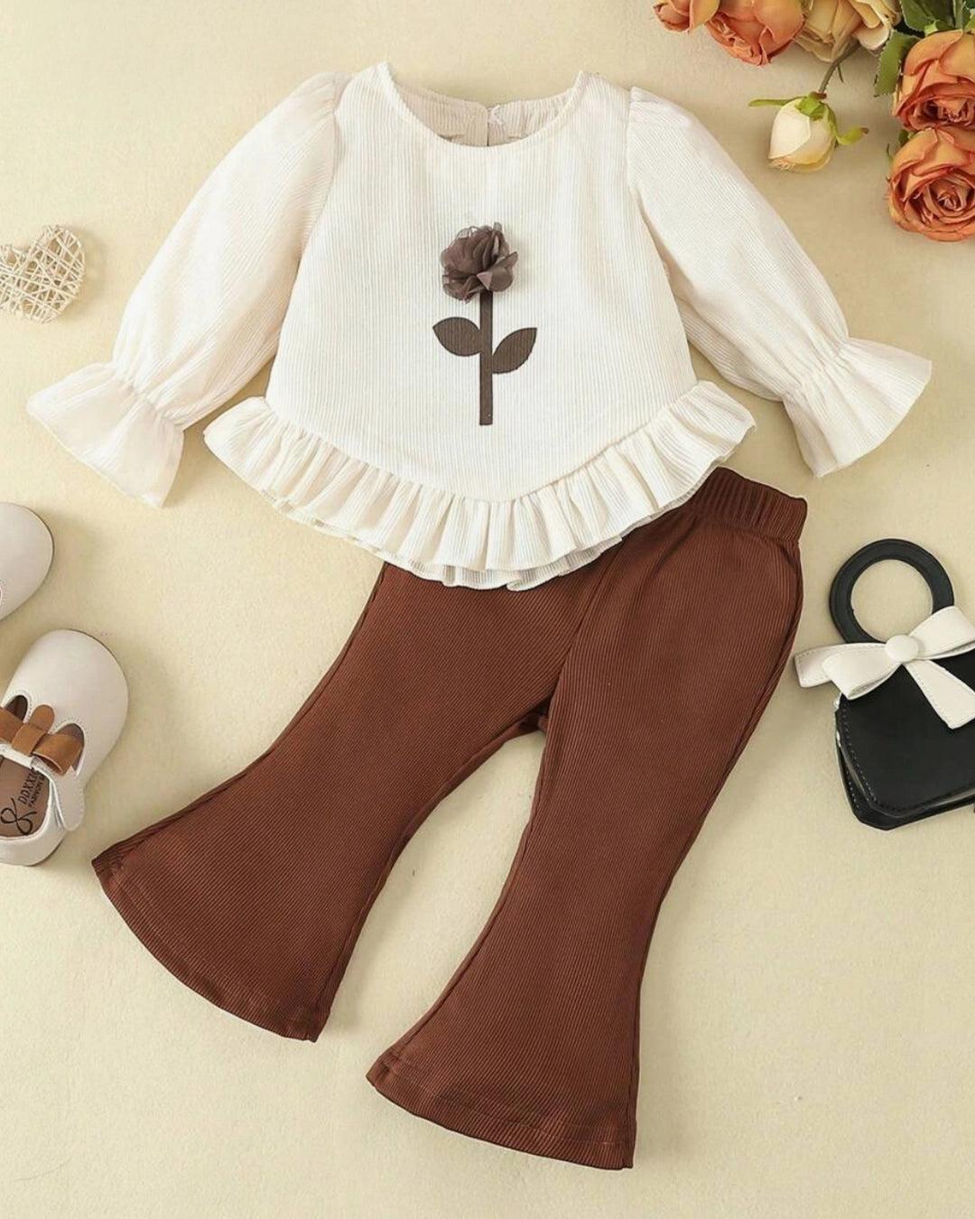 Baby Girl 3D Flower Bell Sleeve Top & Bell Bottoms Set