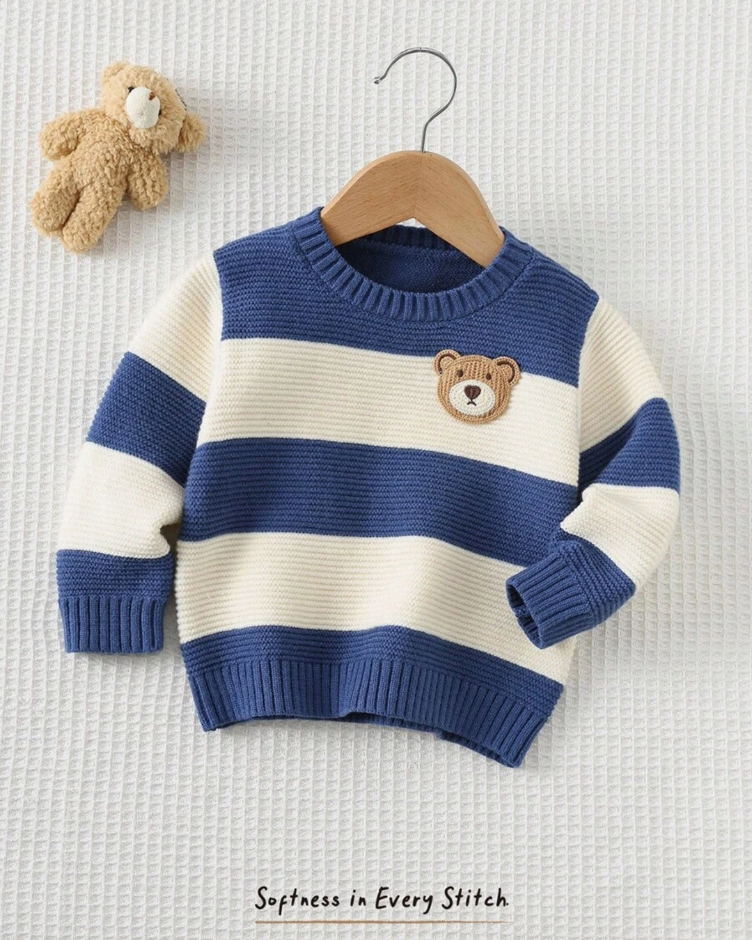 Baby Boy Striped Bear Sweater – Cartoon Crew Neck Knit