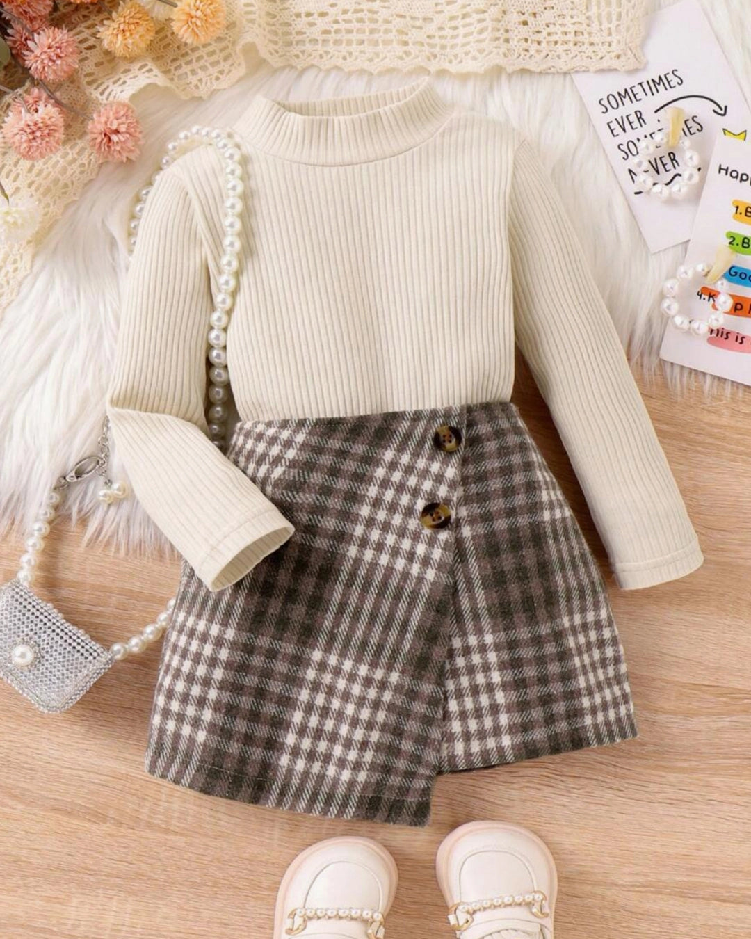 Baby Girl Mock Neck Tee & Plaid Asymmetrical Skirt Set