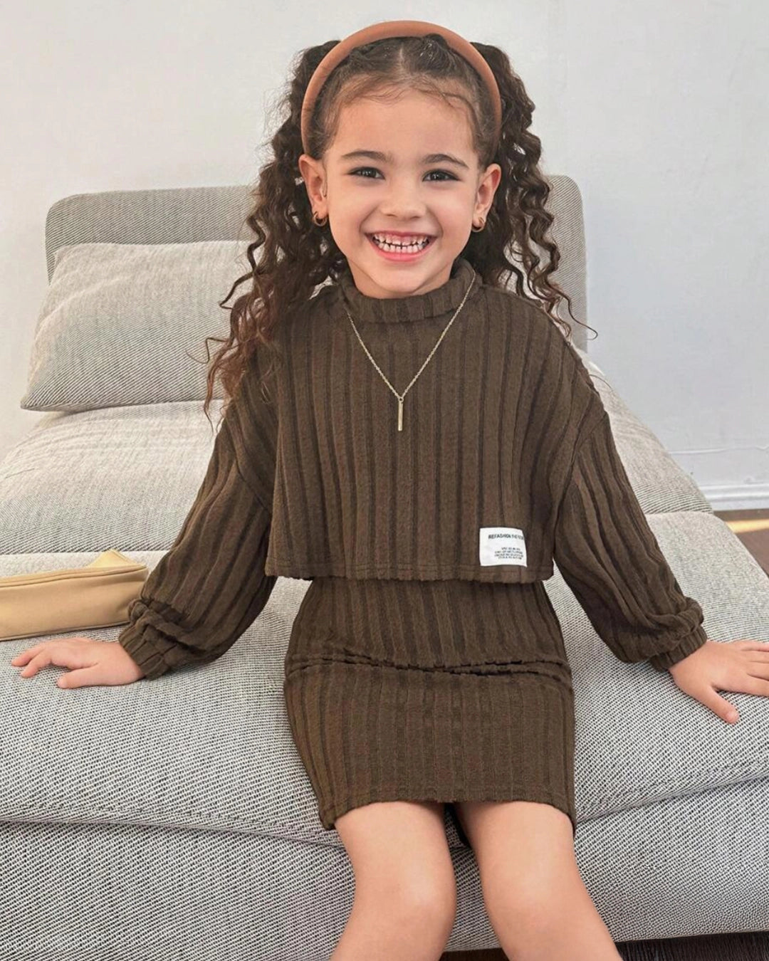 Young Girl Solid Knit Sweater & Slip Dress 2pcs Set