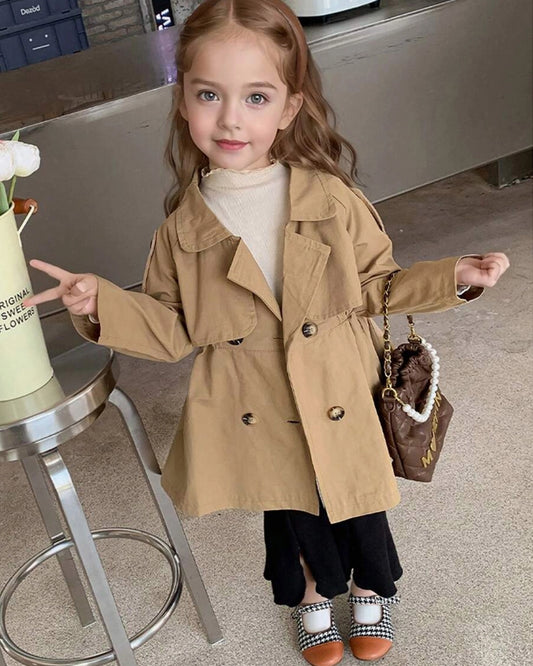 Girls Double-Breasted Trench Coat – Mid-Length Autumn Outerwear