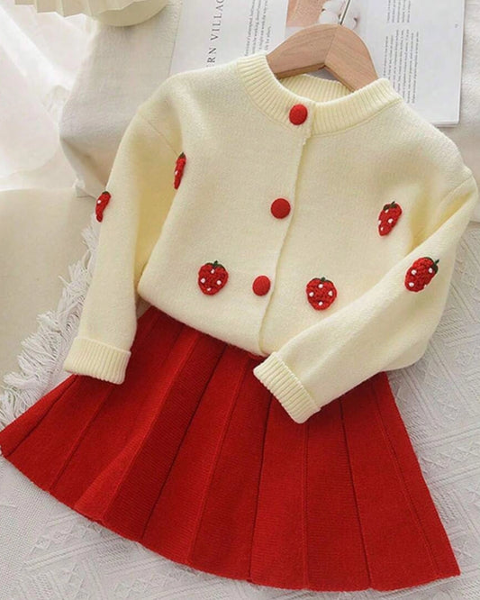 Young Girls’ Fruit Print Top & Pleated Skirt 2pcs Set
