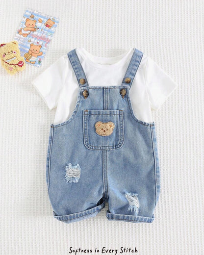 Baby Boy Bear Graphic Denim Bib Shorts