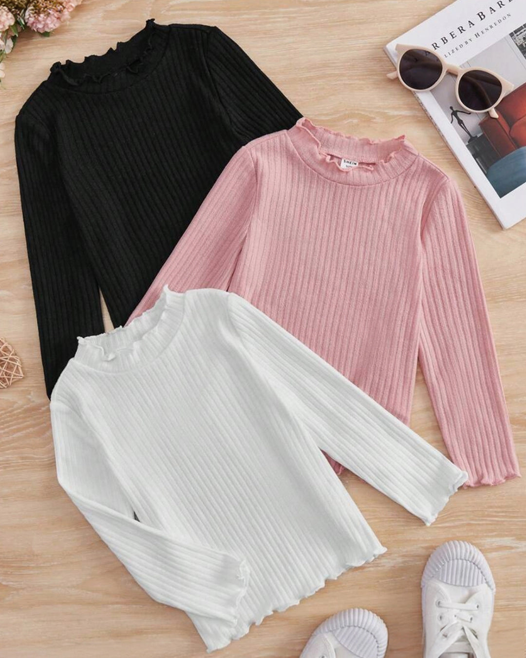 Girls 3pcs Ribbed Knit Lettuce Trim Tee Set