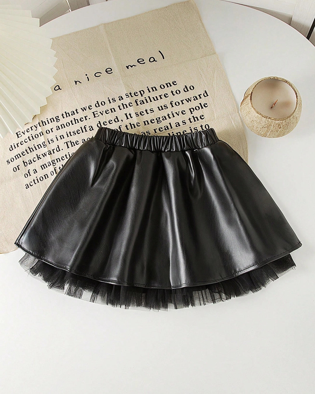 Girls PU Leather A-Line Skirt with Lace Hem