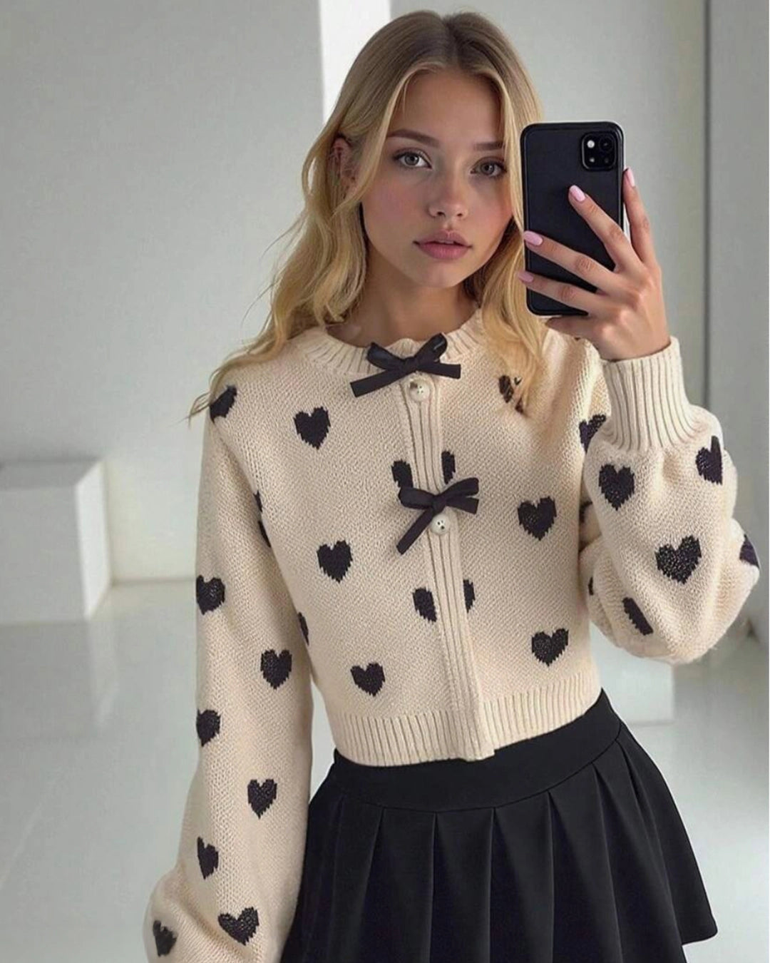 Tween Girls' Heart Pattern Knit Cardigan with Bow Detail