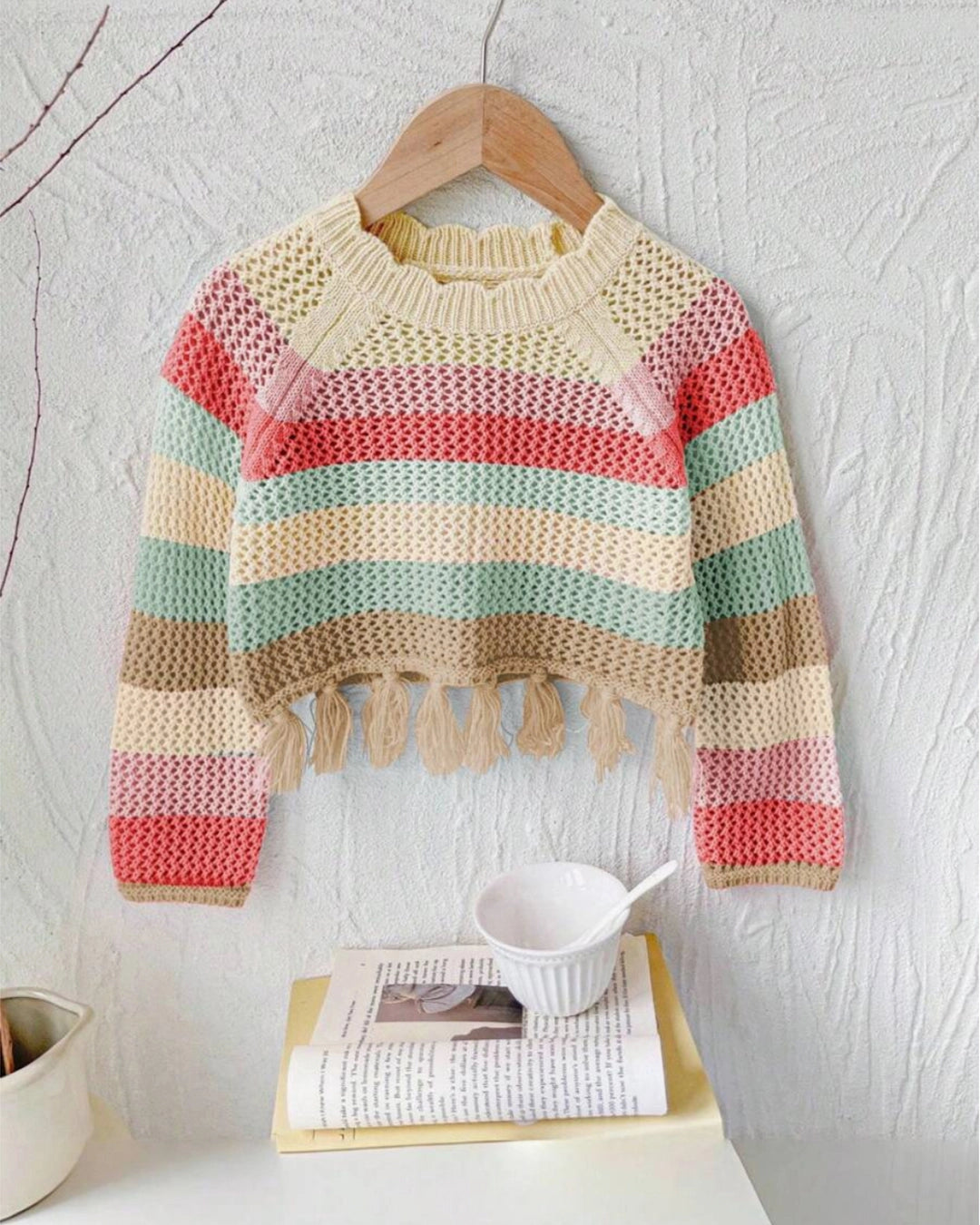 Young Girls' Rainbow Patchwork Fringe Knit Sweater