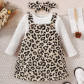 Baby Girl Solid Bodysuit, Leopard Overall Dress & Headband 3pcs Set