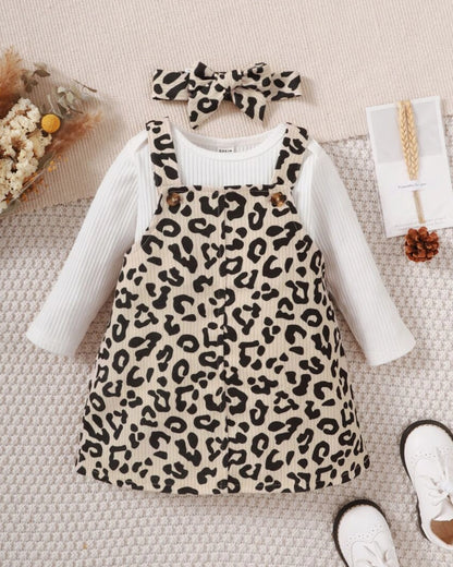 Baby Girl Solid Bodysuit, Leopard Overall Dress & Headband 3pcs Set