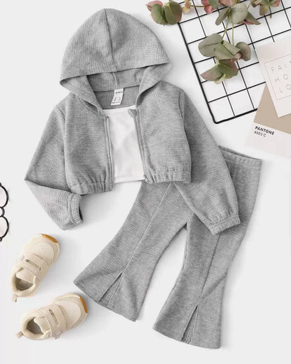 Baby Girl Waffle Knit Hooded Jacket & Flare Pants Set 2pcs