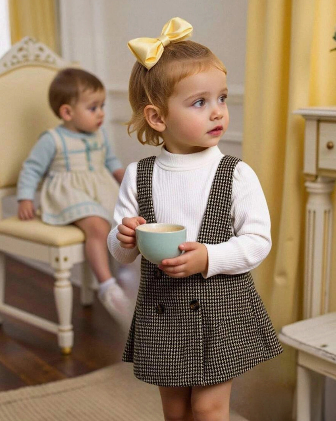 Souflis Baby Girl Puff Sleeve Bodysuit & Houndstooth Suspender Skirt Set