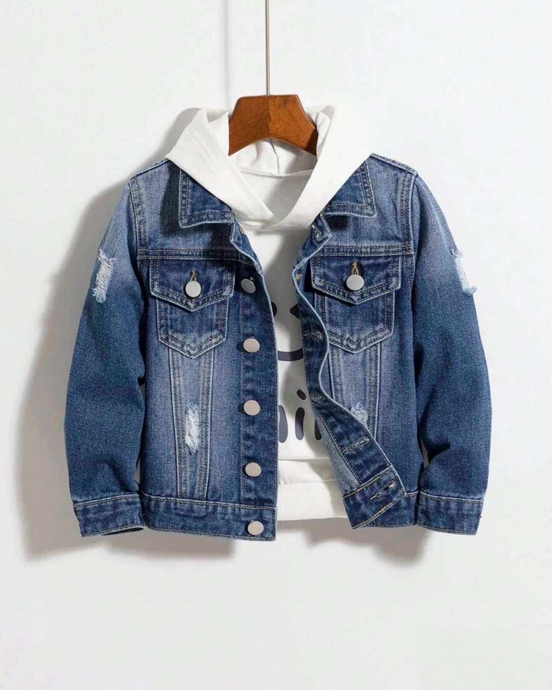 Young Boy Ripped Denim Jacket with Flap Pockets