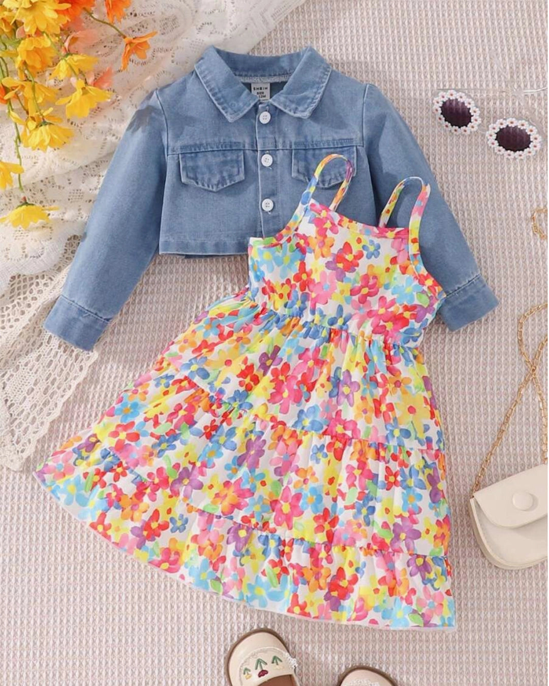 Baby Girl Floral Dress with Button-Front Jacket – 2pcs Outfit