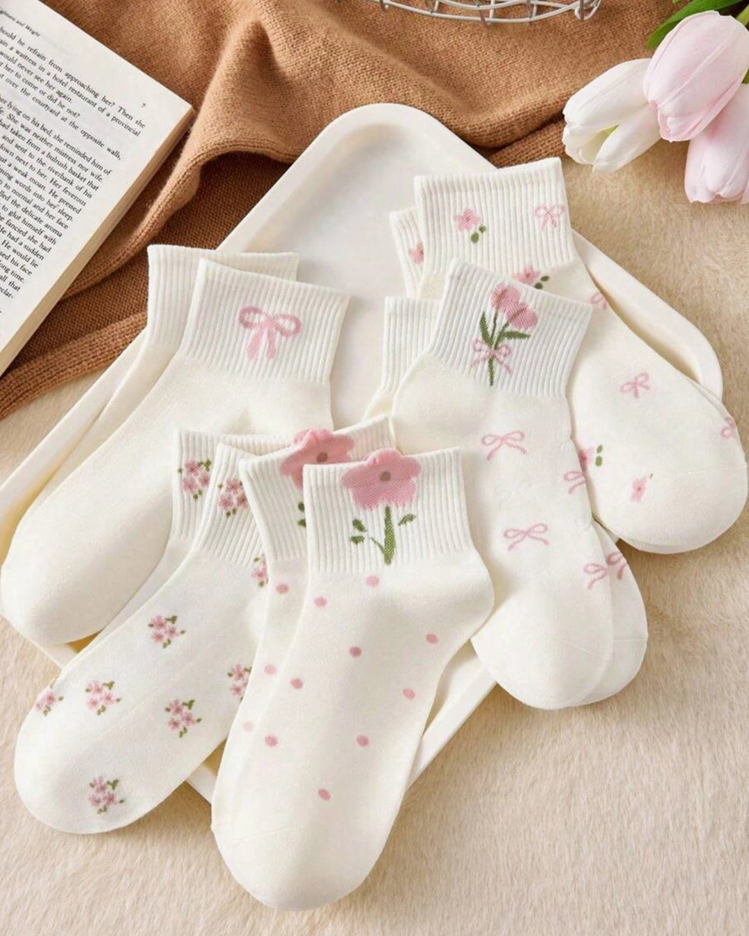 Pairs Girls Lace Crew Socks – Polka Dot, Bow & 3D Flower