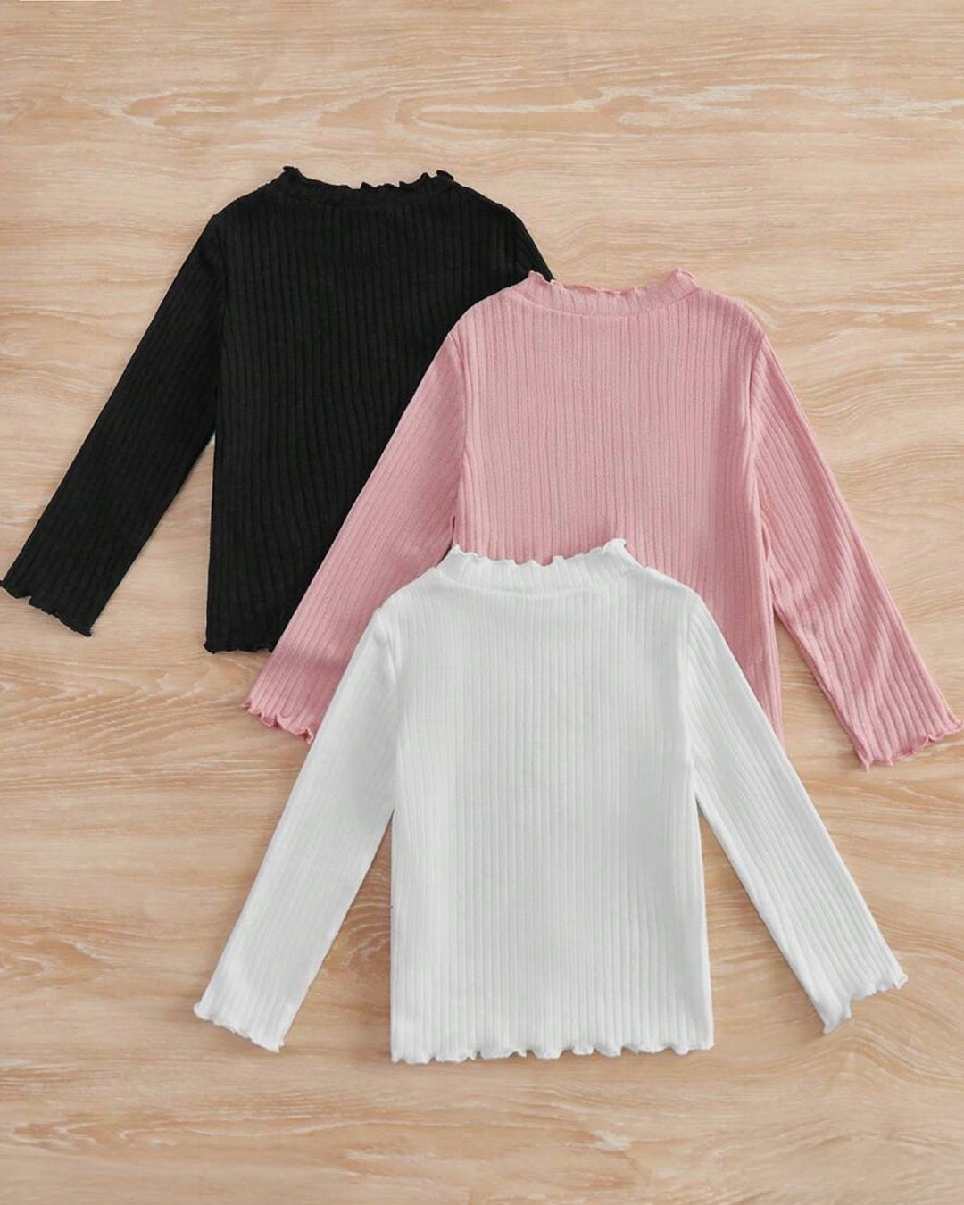 Girls 3pcs Ribbed Knit Lettuce Trim Tee Set